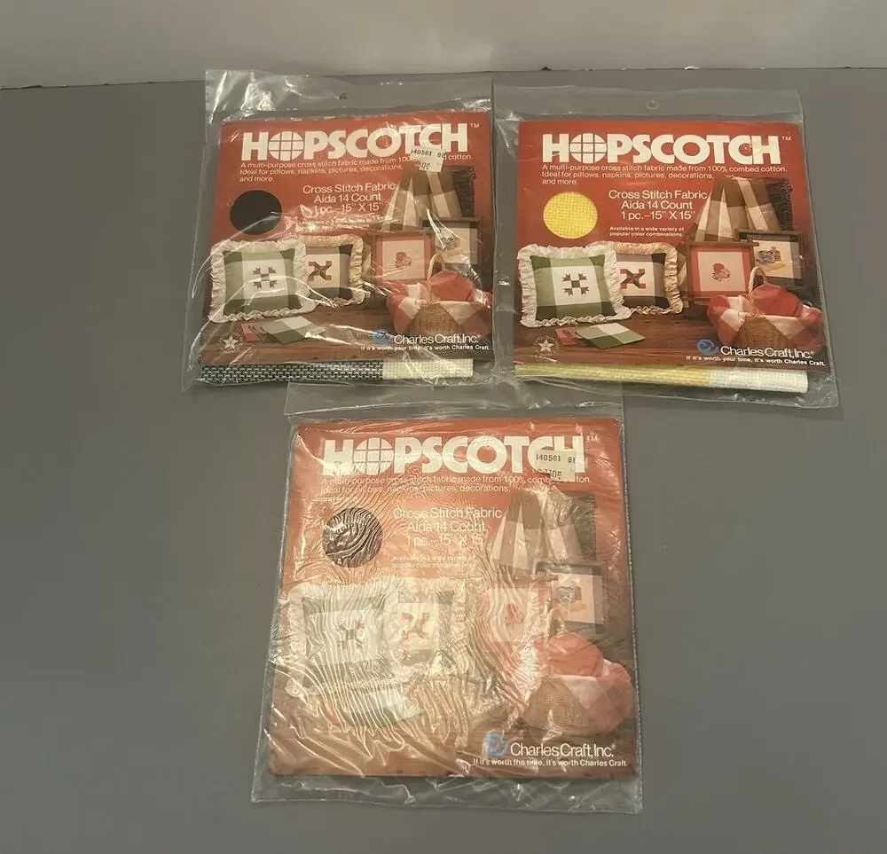 Lot of 3 Hopscotch Cross Stitch Fabric Green, Yellow, Red NOS Charles Craft VTG